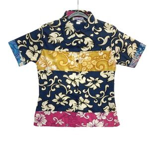 Club Med Shirt Womens Large Short Sleeve Floral Patchwork Button Up 100% Cotton